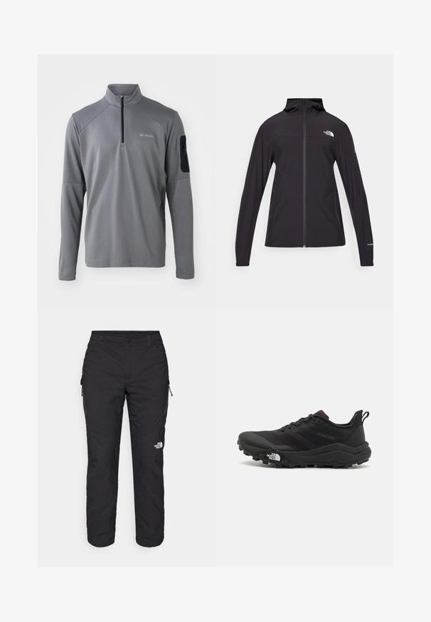 Svart, full-zip jakke med hette. Har lange ermer, to sidelommer og logodetalj på brystet og ermet. Lett materiale.; Grå langermet genser med kvart glidelås, med en teksturert overflate og en svart stofflapp på venstre arm med glidelås.; The North Face WINTER EXPLORATION TAPERED CARGO  - Friluftsbukser - black; Svart terrengløpesko med teksturert overdel, gummisåle og forsterket tåhette. Har polstret krage og løftestropp for enkel påkledning.