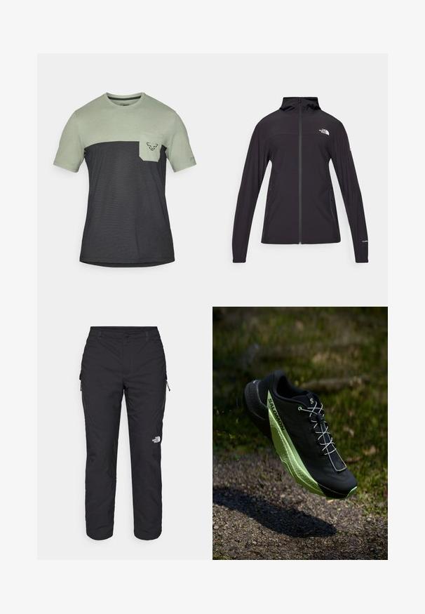 Black, full-zip jacket with a hood. Features long sleeves, two side pockets, and logo detail on the chest and sleeve. Lightweight fabric.; Short-sleeve t-shirt featuring a light green upper section and dark gray lower section, with a chest pocket and logo detail.; The North Face WINTER EXPLORATION TAPERED CARGO - Outdoor trousers - black; Black running shoe with a textured surface and green accents. Features a lightweight design and a unique, patterned sole for traction.