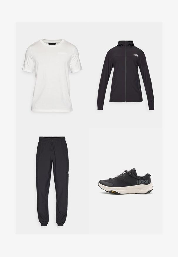 Casaco preto com fecho total e capuz. Apresenta mangas longas, dois bolsos laterais e detalhe do logo no peito e na manga. Tecido leve.; Camiseta branca de manga curta, feita de tecido suave. Apresenta um decote redondo e um detalhe de marca discreto na parte frontal central.; Calças atléticas pretas feitas de tecido leve, com um cós ajustável por cordão, bolsos laterais e punhos afunilados nos tornozelos.; Sapatilha atlética preta com parte superior texturizada, detalhes cinzentos, elementos refletivos e uma sola branca espessa com a marca Vibram.