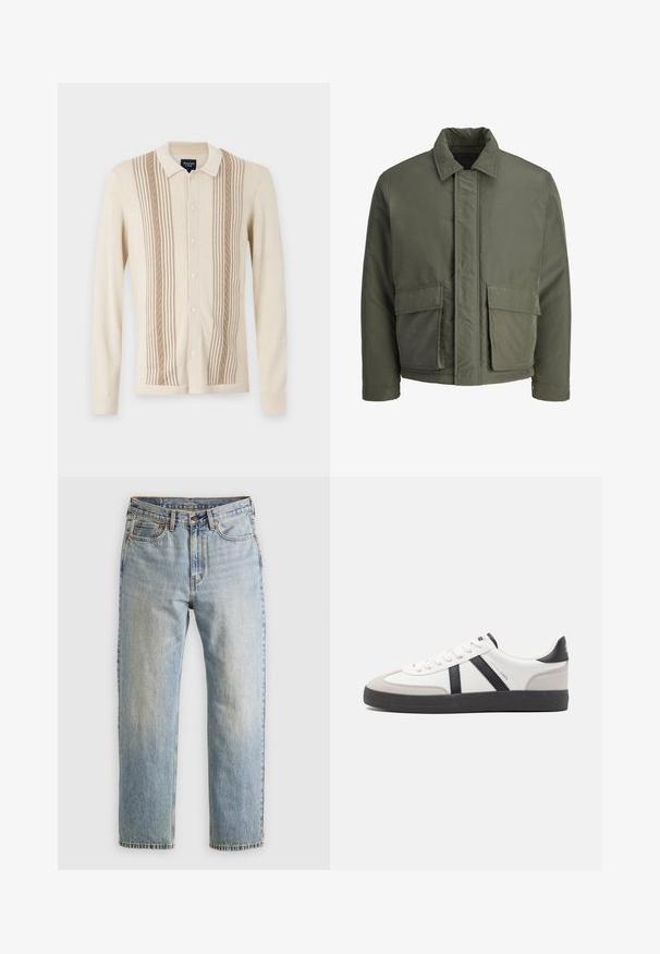 Dunkelgrüne, gepolsterte Jacke mit hohem Kragen, Knopfverschluss vorne und zwei großen Taschen vorne. Glatte Außentextur, kurzes Design.; Beiger Cardigan mit Kragen, der vertikale Streifen, strukturierte Details und eine Knopfleiste aufweist. Aus weichem Strickmaterial.; Beige Baumwoll-T-Shirt mit Rundhalsausschnitt und kurzen Ärmeln. Verfügt über ein dezentes "Levi's"-Logo in der gleichen Farbe auf der Brust. Weiche Textur.; Helle blaue Jeans mit hoher Taille, Frontknopf, Reißverschluss und fünf Taschen-Design, flach auf einem neutralen Hintergrund ausgelegt.; Weiße Sneaker mit schwarz- und grau-aczenten, ausgestattet mit einer strukturierten grauen Zehenkappe, schwarzer Gummi-Sohle und flachen weißen Schnürsenkeln. Sauberes Design, minimalistische Stil.