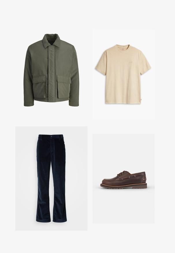 Veste rembourrée vert foncé avec un col montant, fermeture à boutons sur le devant et deux grandes poches avant. Texture extérieure lisse, design court.; T-shirt en coton beige avec un col rond et des manches courtes. Présente un logo "Levi's" subtil de la même couleur sur la poitrine. Texture douce.; Pantalons en velours côtelé bleu marine avec une coupe droite, présentant un ribbing vertical, une fermeture à bouton et des poches avant.; Chaussure bateau en cuir marron avec un bout arrondi, six œillets, des coutures contrastées et une semelle en caoutchouc texturée.