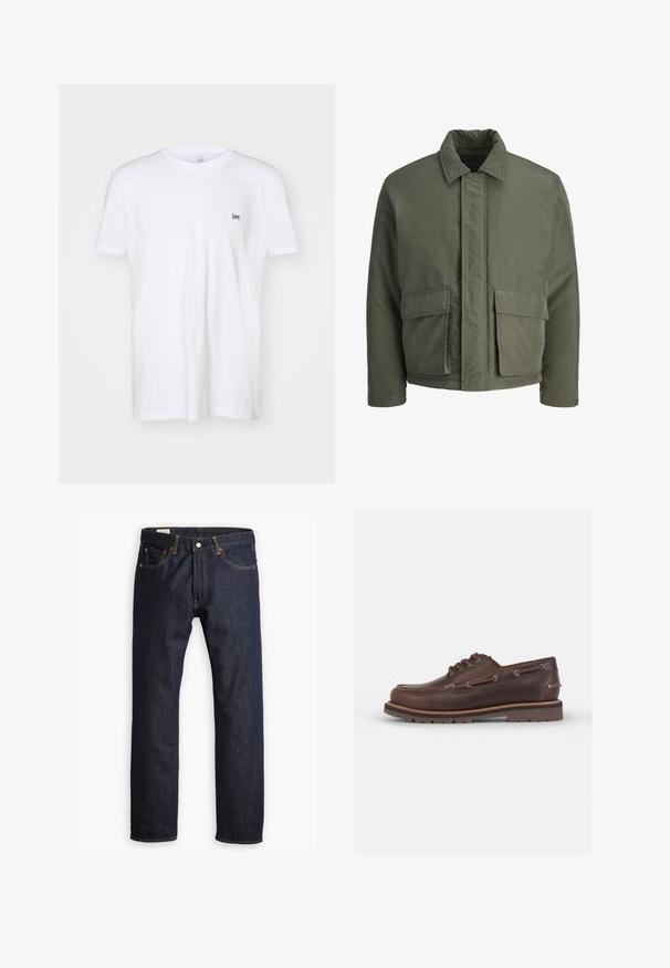 Tamsiai žalia, paminkštinta striukė su aukštu apykakle, priekiu užsegama mygtukais ir dviem didelėmis priekinėmis kišenėmis. Lygus išorinis paviršius, trumpesnis modelis.; Baltos medvilnės marškinėliai trumpomis rankovėmis, su nedideliu išsiuvinėtu juodu "Lee" logotipu kairiajame krūtinės šone. Paprastas, klasikinis dizainas.; Tamsiai mėlynos džinsinės kelnės su tiesiomis kojomis, oranžinėmis siūlėmis ir penkių kišenių dizainu, uždaromos metaliniu mygtuku.; Rudos odinės jachtos bateliai su apvaliu pirštu, šešiais akių skyreliais, kontrastingomis siūlėmis ir tekstūruota gumo sola.