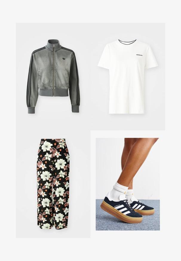 Pelēks sporta žakets ar rāvējslēdzēju, augstu apkakli, ribotām aprocēm un apakšmalu, melnām svītrām uz piedurknēm un nelielu melnu Adidas logo uz krūšu.; Balta kokvilnas T-krekls ar īsām piedurknēm un apļveida kakla izgriezumu. Piedāvā melnu Adidas logotipu uz krūtīm un kontrastējošu melnu iekšējo apkakli.; Melni ziedu bikses ar lieliem baltiem, oranžiem un brūniem ziediem, ar brīvu, plašu kāju dizainu un mīkstu, vieglu audumu.; Melnas zamšādas sporta kurpes ar baltām svītrām un akcentiem, apaļa purngala daļa, gumijas zole, kopā ar baltām ribotām sporta zeķēm.