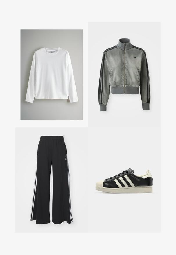 Siva zip-up športna jakna z visokim ovratnikom, rebrastimi manšetami in robom, črnimi črtami na rokavih ter majhnim črnim Adidasovim logotipom na prsih.; Bela majica s dolgimi rokavi, izdelana iz mehke bombažne tkanine. Ima okrogel ovratnik in ohlapen kroj s ravnimi robovi.; Črne široke trenirke z elastičnim pasom, ki imajo bele stranske proge in vezeno logo na levi stegna.; Črne usnjene superge z belimi črtami, gumijastim pokrovom za prste, črnimi vezalkami in kremasto obrobo podplata. Gladka tekstura z sijočim zaključkom.