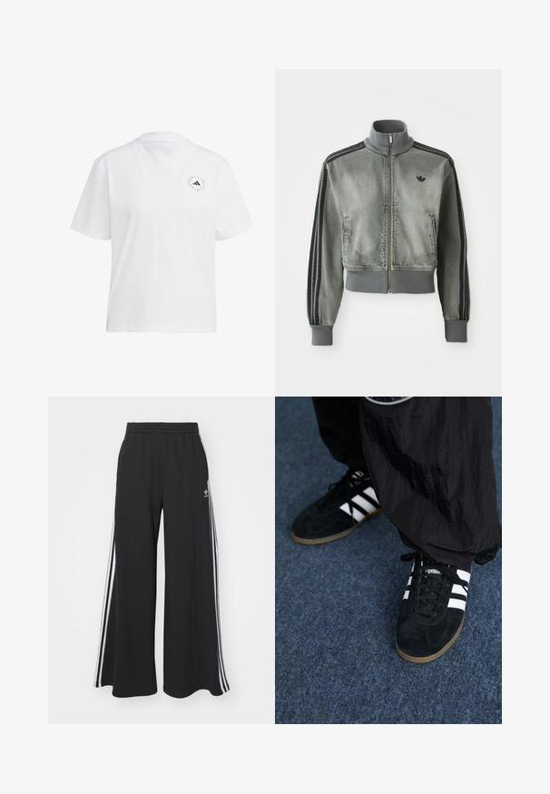 Casaco desportivo cinza com fecho éclair, gola alta, punhos e bainha canelados, riscas pretas nas mangas e um pequeno logo preto da Adidas no peito.; T-shirt branca de algodão com decote redondo e mangas curtas. Apresenta um pequeno logotipo preto no lado esquerdo do peito. Cor sólida, textura suave.; Calças de suor largas e pretas com uma cintura elástica, apresentando riscas brancas nas laterais e um logótipo bordado na coxa esquerda.; Tênis atléticos em camurça preta com três listras brancas e cadarços pretos. Uma calça preta texturizada é parcialmente visível ao lado dos tênis.