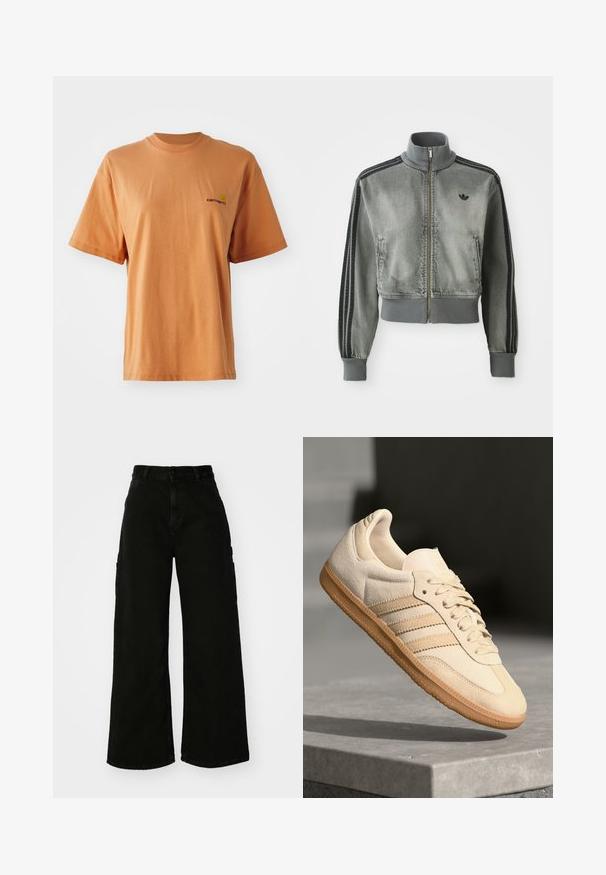Graue Sportjacke mit Reißverschluss und hohem Kragen, gerippten Bündchen und Saum, schwarzen Streifen an den Ärmeln und einem kleinen schwarzen Adidas-Logo auf der Brust.; Kurze Ärmel, Rundhals-T-Shirt aus gedämpftem orangefarbenem Baumwollstoff, mit einem kleinen, in dunkelrot gestickten Logo auf der linken Brust.; Schwarze weite Cargo-Jeans mit hohem Bund, Frontknopfverschluss und Seitentaschen. Glatte Textur mit minimaler Naht.; Helle beigetöne Wildledersneaker mit Gumminsohle, drei schrägen Streifen und einer strukturierten Zehenkappe. Mit Logo auf der Zunge und der Seite.