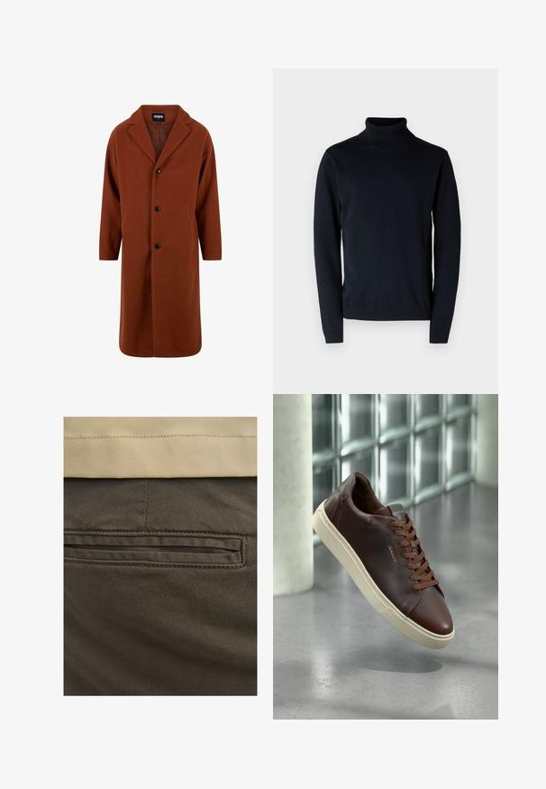 Urban Classics LONG - Klassisk frakke - foxbrown; Mørkeblå turtleneck sweater lavet af blødt, strækbart stof. Har lange ærmer og ribstrikkede manchetter og nederkant. Simpelt, rent design.; Brune bomuldsbukser med en synlig baglomme, prydet med diskrete syninger og en glat tekstur. Linningen har en kontrasterende beige farve.; Brune lædersneaker med rund tå, brune snørebånd og en beige gummisål. Har minimal branding på siden.