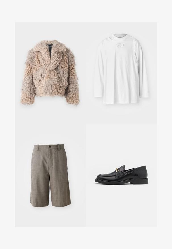 Faux fur jas in beige met een fluffy textuur, brede kraag en cropped ontwerp. Bevat variërende lengtes van bont in een patchworkpatroon.; Feng Chen Wang DECONSTRUCTION UNISEX - Longsleeve - white; Grijze geruite shorts met een op maat gemaakte pasvorm, voorzien van een sluiting met een knoop aan de voorkant en twee zijzakken. Gemaakt van textuurstof.; Zwarte leren instappers met een ronde neus, voorzien van een gouden hardware accent en stikdetails, geplaatst op een lage, getextureerde rubberen zool.
