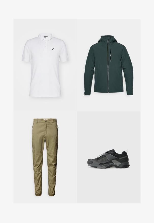 Salomon HIGHLAND JACKET - Smučarska jakna - green gables; Bela polo majica s klasičnim ovratnikom, tri dugmeta na prednjem dijelu i malim crnim logotipom na lijevoj strani prsnog koša. Pamuk, kratki rukavi.; Olivnozelene hlače iz lahkega materiala, z sprednjimi žepi, zadrgo ob strani in elastičnimi manšeti.; Črne trail tekaške čevlje z vzdržljivim mrežastim zgornjim delom, ojačano zaščito prstov, teksturiranim gumijastim podplatom in elastičnim sistemom vezalk za varen oprijem.