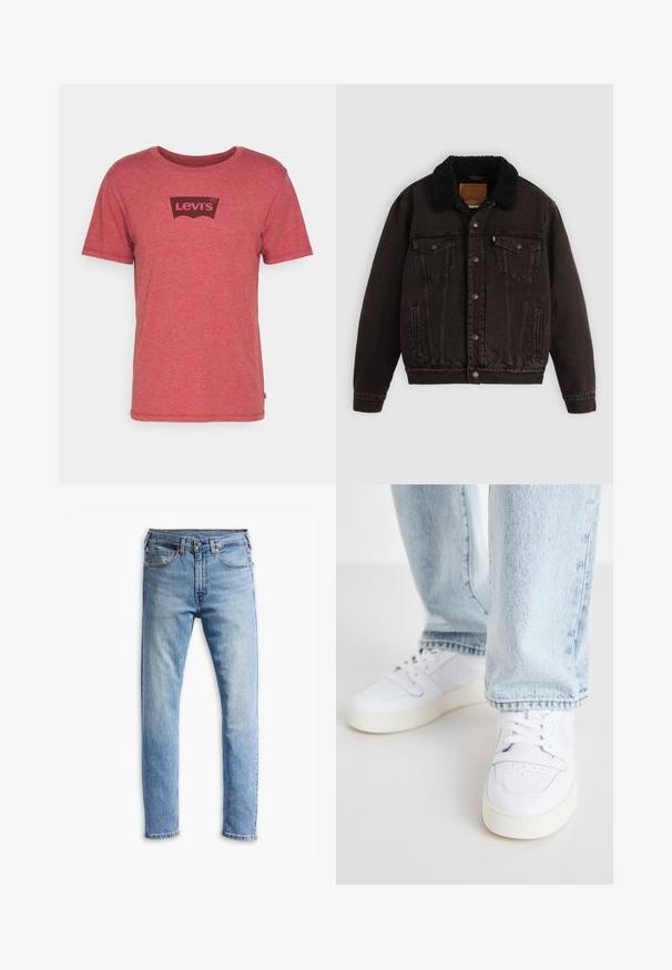 Jaqueta de ganga preta com colarinho forrado a sherpa, bolsos frontais e botões metálicos. Apresenta um design clássico e um material texturizado.; T-shirt de algodão vermelho com um logotipo preto da Levi's em um patch curvado no peito, mangas curtas e decote redondo.; Jeans de denim azul claro com um corte straight, cinco bolsos, fecho de botão e um desbotamento sutil por toda a peça.; Sneakers brancos de couro de cano baixo com biqueira perfurada, atacadores planos e design minimalista. Combinados com jeans de ganga de cor azul clara.