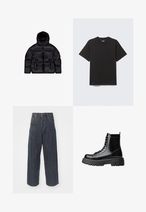Črna puhovka z odstranljivo kapuco, zadrgo, dvema sprednjima žepoma in žepom na rokavu z zadrgo. Teksturno izoliran material.; Črna kratka majica iz mehke bombažne tkanine, z okroglim izrezom in preprostim dizajnom brez vzorcev ali poudarkov.; Široke temno modre jeans hlače iz denima z diskretnimi poškodovanji, petimi žepi ter klasično zaponko in zadrgo v pasu.; Črni usnjeni gležnjarji z robustnim podplatom, okroglo kapico in sprednjim vezanjem. Imajo zanko na zadnji strani in gladek zaključek.