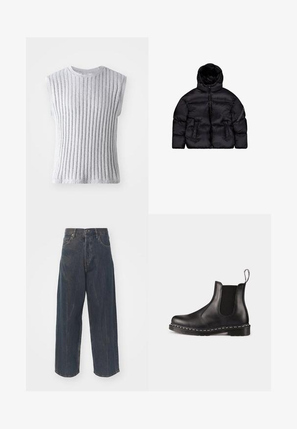 Black puffer jacket with a detachable hood, zip closure, two front pockets, and a zippered sleeve pocket. Textured, insulated material.; Sleeveless gray top with vertical ribbed texture, soft knit fabric, round neckline, and raw edges at the hem and armholes.; Wide-leg dark blue denim jeans with subtle distressed texture, five pockets, and a classic button and zipper closure at the waist.; Black leather Chelsea boot with elastic side panels, rounded toe, pull tab, white stitching on the sole, and textured rubber outsole.