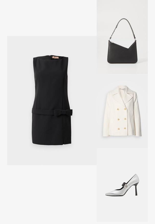 Manteau blanc croisé en tissu texturé, ornée de grandes boutons dorés, de revers crantés et de poches latérales.; Robe noire sans manches en tissu lisse, avec un accent en nœud à la taille, fermeture éclair dans le dos et fente latérale. Design minimaliste.; Chaussure à talon haut en cuir argenté avec un petit orteil pointu, accent de sangle noire et finition brillante, présentant une silhouette élégante et un talon fin.; Sac à main en cuir noir, de forme triangulaire, avec une sangle fine et des accessoires en métal argenté. Il dispose d'une fermeture zippée et d'un logo embossé à l'avant.