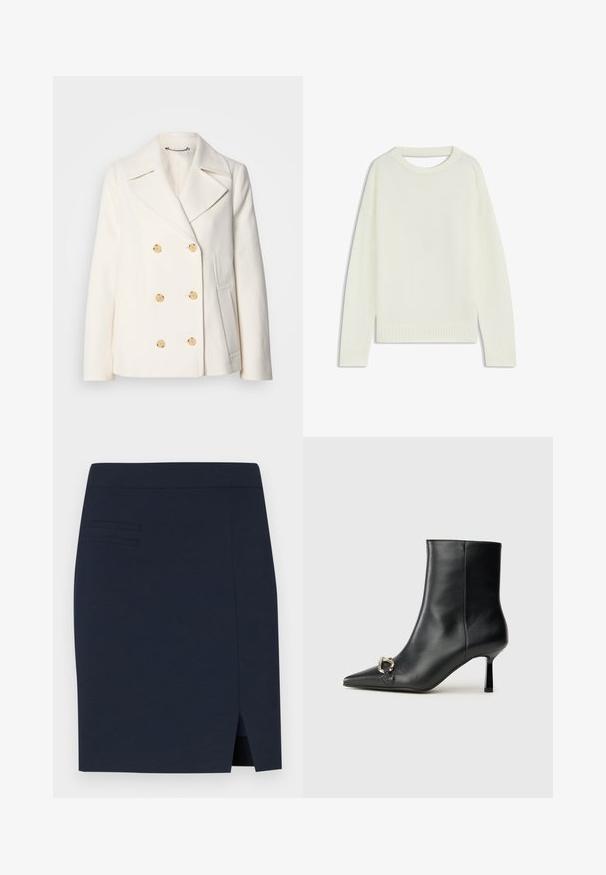 Doppeltknöpfiger weißer Mantel aus strukturiertem Stoff, mit großen goldfarbenen Knöpfen, Revers und seitlichen Taschen.; Hellbeige Pullover mit Rundhalsausschnitt, langen Ärmeln, geripptem Saum und weicher Textur. Keine Muster oder sichtbaren Hardware-Details.; Marineblaue taillierte Rock aus glattem Stoff, mit einem Schlitz hinten und drei horizontalen Steppnähten im Bereich der Vorderhosentaschen.; Schwarze Leder-Stiefelette mit spitzer Zehe, schlankem, mittelhohem Absatz und silberner Schnalle seitlich vor einem schlichten Hintergrund.