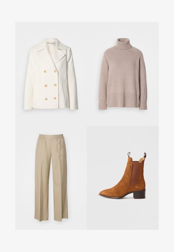Double-breasted white coat in textured fabric, featuring large gold-tone buttons, notched lapels, and side pockets.; Light beige knitted wool turtleneck sweater with long sleeves and ribbed cuffs and hem on a plain white background.; Beige wide-leg trousers made of soft fabric; features an elastic waistband with gathered detail; minimalistic design without pockets.; Brown suede ankle boot with a pointed toe, elastic side panels, and a low block heel. Features pull tabs for easy wear.