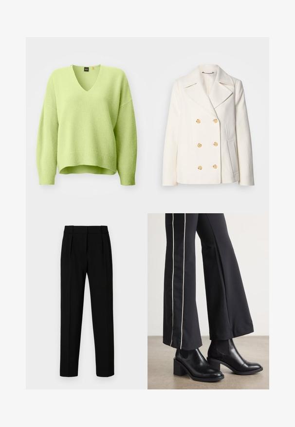 Dubbeltknäppt vitt läder i strukturerad tyg, med stora guldfärgade knappar, slagkrage och sidofickor.; V-ringad pullovertröja i klar limegrön, tillverkad av texturerad stickad tyg, med breda ärmar och en avslappnad passform med ribbat nederkant.; Svarta skräddarsydda byxor med rak passform, plisserad front, polerat tyg och medelhög midja. Inga synliga fickor eller metalldetaljer.; Svarta läderankelboots med klack, med elastiska sidopaneler. I kombination med svarta byxor som har en vit sidostrip.