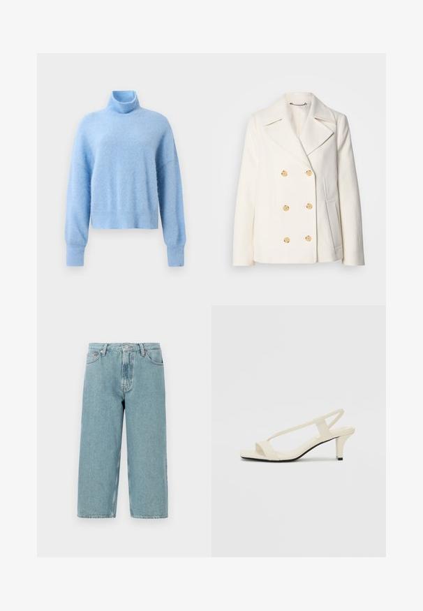 Dwurzędowy biały płaszcz z teksturowanej tkaniny, z dużymi guzikami w kolorze złotym, wykładanymi klapami i kieszeniami bocznymi.; Jasnoniebieski, krótki sweter z golfem, wykonany z miękkiego, strukturalnego materiału, z długimi rękawami i ściągaczami dla dodatkowego efektu.; Jasnoniebieskie szorty dżinsowe z wysokim stanem, prostym krojem i surowym wykończeniem. Posiadają klasyczne zapięcie na guzik i zamek błyskawiczny oraz cztery kieszenie.; Beżowe sandały na blokowym obcasie z cienkimi ramiączkami i kwadratowym noskiem. Gładki materiał z minimalną ilością detali, zaprojektowane z myślą o łatwym zakładaniu.