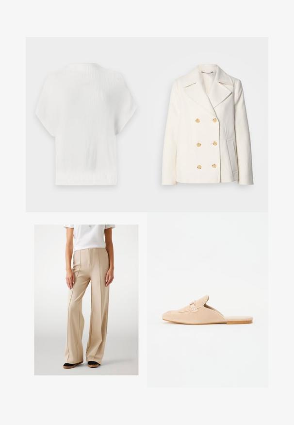 Kaksirivinen valkoinen takki, jossa on teksturoitu kangas, suuret kultasävytetyt napit, kauluksessa lovet ja sivutaskut.; Valkoinen neulepaita, lyhyt hiha, teksturoitu ribbikangas, pyöreä pääntie, lyhyt malli, jossa on hienovarainen logoyksityiskohta takana.; Beige leveled-leg-housut, jotka on valmistettu sileästä kankaasta, etupuolen laskoksilla ja korkea vyötärö. Yhdistetty mustiin ja ruskeisiin litteisiin kenkiin.; Beige mokasíny z nubukovej kože na zaväzovanie s uzatvorenou špičkou, ktorých súčasťou je dekoratívny detail s prackou a plochá koroková podrážka. Hladká textúra s minimálnym dizajnom.