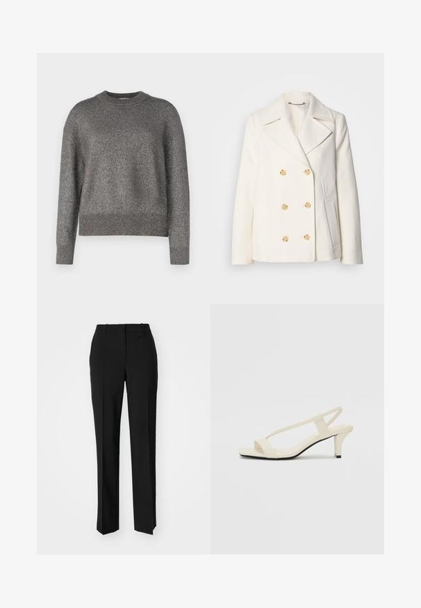 Cappotto bianco doppiopetto in tessuto texture, con grandi bottoni dorati, revers a scialle e tasche laterali.; Maglione grigio con una trama a maglia riflettente, scollatura rotonda e polsini e orlo a costine; vestibilità leggermente larga e maniche lunghe.; Pantaloni neri su misura con un design a gamba dritta, caratterizzati da una texture liscia e pieghe ben definite sul davanti. Senza hardware visibile.; Sandali con tacco a blocco beige, con sottili cinturini e punta quadrata. Materiale liscio con dettagli minimi, progettati per un facile utilizzo.