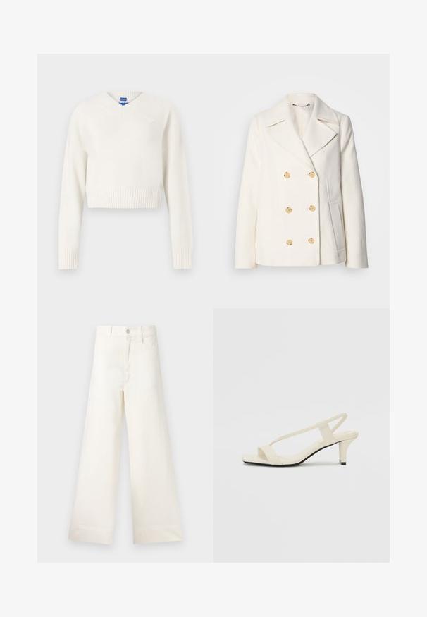 Dobbeltbrystet hvid frakke i struktureret stof med store guldfarvede knapper, spidsrevers og sidelommer.; Hvid, cropped sweater lavet af blødt strikket materiale. Har V-hals, ribbet kant og et lille hjerteemblem på venstre bryst.; Bredde benbukser i lys beige bomuld. Har høj talje, for- og baglommer samt lige pasform. Renset kantafslutning uden mønstre.; Beige blokhælede sandaler med tynde remme og en firkantet tå. Glat materiale med minimal detaljering, designet til nem brug.