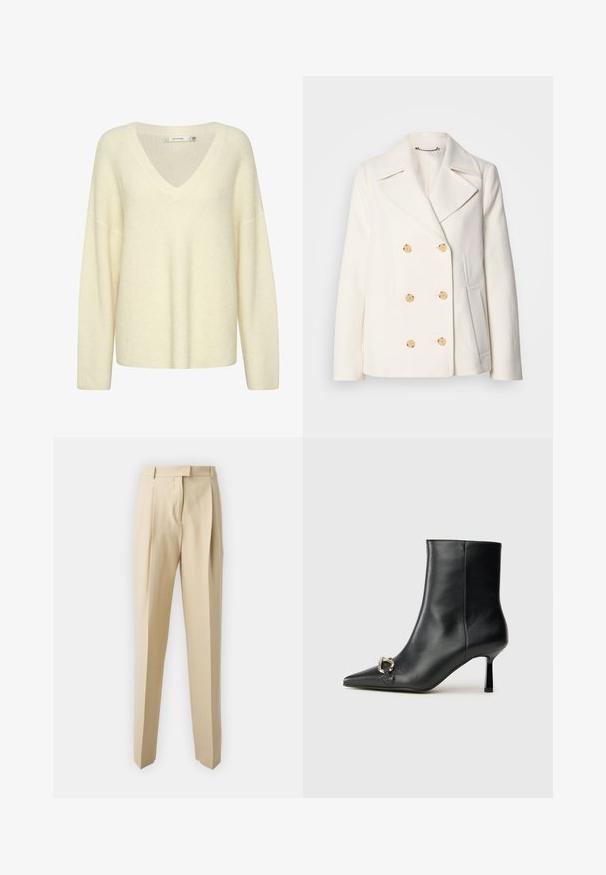 Dvipusė balta striukė iš tekstūrinio audinio, dekoruota dideliais auksinės spalvos mygtukais, su išpjautomis apykaklėmis ir šoninėmis kišenėmis.; Kremo spalvos megztinis su V formos iškirpte, ilgomis rankovėmis ir laisvu siluetu. Su tekstūruotu raštu ir minkšta, storu audiniu.; Smėlio spalvos dailiai pritaikyti kelnių modeliai su tiesiu kirpimu, su raukšlėmis, liemens juosta ir lygiu paviršiumi. Nėra matomų kišenių ar puošmenų.; Juodas odinis apavas iki kulkšnies su smailiu nosiu, plonu vidutinio aukščio kulnu ir sidabriniu sagties akcentu šone, prieš paprastą foną.