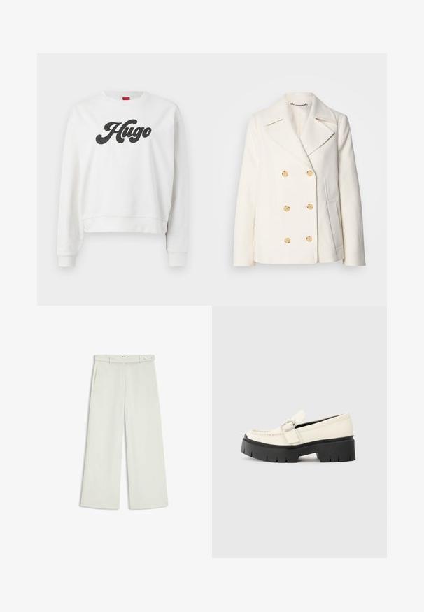 Cappotto bianco doppiopetto in tessuto texture, con grandi bottoni dorati, revers a scialle e tasche laterali.; Felpa bianca con un design corto, dotata di maniche lunghe e scollatura curva. Logo "Hugo" nero in evidenza sul davanti.; Pantaloni a gamba larga in tessuto crema chiaro, dotati di tasche laterali, frontale liscio e chiusura a un bottone in vita. Texture morbida.; Mocassino in pelle bianca con suola platform nera chunky, caratterizzato da una fibbia rettangolare argentata e dettagli di cucitura visibili sulla parte superiore.