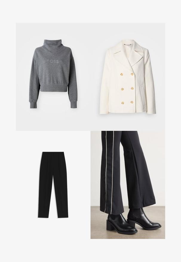 Double-breasted white coat in textured fabric, featuring large gold-tone buttons, notched lapels, and side pockets.; Grey cropped sweatshirt with a high collar, featuring "BOSS" in rhinestones on the chest and ribbed cuffs and hem. Soft material texture.; Black trousers with a straight fit, featuring double pleats, a smooth texture, and a classic waistband design. No visible hardware or accents.; Black leather ankle boots with a block heel, featuring elastic side panels. Paired with black pants that have a white side stripe.