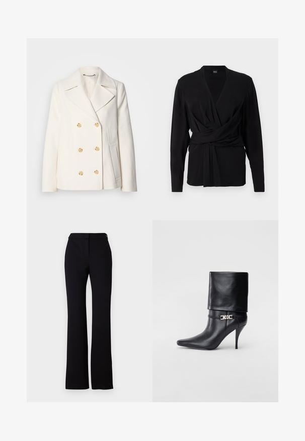 Dubultās krūšu baltas mētelis no teksturēta auduma, ar lieliem zelta toņa pogām, iegrieztiem uzgaļiem un sānu kabatām.; Melna blūze ar garām piedurknēm, kas izgatavota no mīksta auduma, ar v-veida apkakli un sasietu jostu, kas izceļ jostasvietu. Gluda tekstūra.; Melni bikses ar taisnu griezumu, gludu struktūru un jostasvītru ar vienu pogu. Nav redzami modeļi vai akcenti.; Melnas ādas potīšu zābaki ar smailu purngalu, augstu stiletto papēdi, salocītu aproci un zeltītu dekoratīvu sprādzi uz potītes.