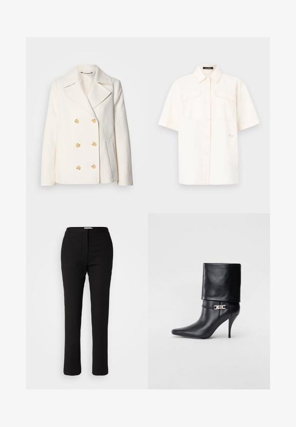 Dubultās krūšu baltas mētelis no teksturēta auduma, ar lieliem zelta toņa pogām, iegrieztiem uzgaļiem un sānu kabatām.; Īsām piedurkņu krēms krāsas krekls, kas izgatavots no viegla auduma, ar divām priekšējām kabatām, pogu aizdari un kontrastējošiem šuvēm.; Melni pielāgoti bikses ar taisnu kāju dizainu, izgatavotas no gludas auduma. Iezīmēta ar plakanu fronti un standarta jostasvietu. Bez kabatām.; Melnas ādas potīšu zābaki ar smailu purngalu, augstu stiletto papēdi, salocītu aproci un zeltītu dekoratīvu sprādzi uz potītes.