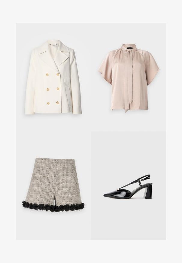 Dubbeltknäppt vitt läder i strukturerad tyg, med stora guldfärgade knappar, slagkrage och sidofickor.; Kortärmad blus i ljusbeige satin, med hög krage och knytdetalj samt scallopade kanter på ärmarna. Slät textur.; Beige tweedshorts med ett texturerat mönster, med en svart blomsterbård vid fållkanten. Designen har en övergripande skräddarsydd form.; Svarta patenterade läder slingback högklackade skor med spetsig tå, justerbar rem och kraftig rektangulär klack.