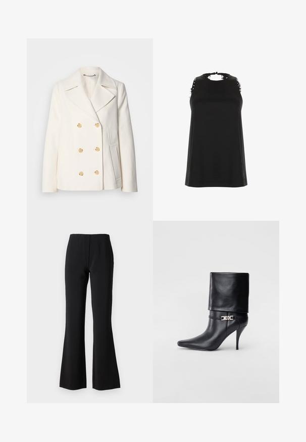 Dvojno zapenjanje bele plašče v teksturiranem materialu, ki vsebuje velike zlate gumbe, ovratnike s klini in stranske žepke.; Črna brezrokavnica z visokim ovratnikom, ki vključuje raztrgane čipkaste detajle na rameni in gladko, mehak material.; Črne široke hlače iz gladkega, elastičnega materiala, z visokim pasom in čisto, prirejenimi kroji brez žepov ali okrasnih detajlov.; Črne usnjene gležnjarje z ostrim nosom, visokim stiletto peto, zavihanim robom in zlatim okrasnim zaponko na gležnju.
