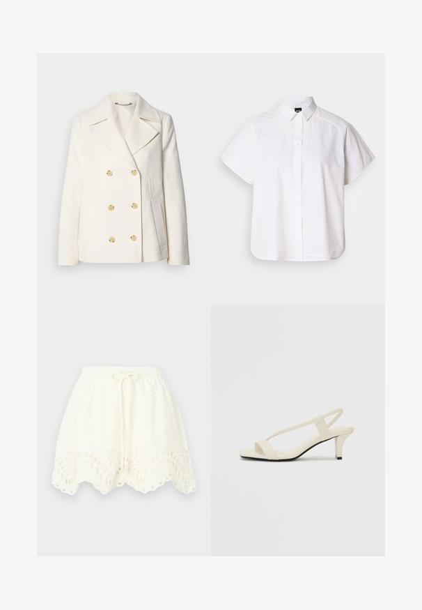 Manteau blanc croisé en tissu texturé, ornée de grandes boutons dorés, de revers crantés et de poches latérales.; Chemise blanche à manches courtes, à boutons, avec un col pointu et un ourlet arrondi. Fabriquée en coton, elle possède une texture lisse et sans motifs visibles.; Shorts en coton blanc avec une taille élastique et un cordon de serrage, présentant une broderie florale et un ourlet festonné avec des détails découpés.; Sandales beiges à talons carrés avec des fines brides et un bout carré. Matière lisse avec des détails minimaux, conçues pour un port facile.