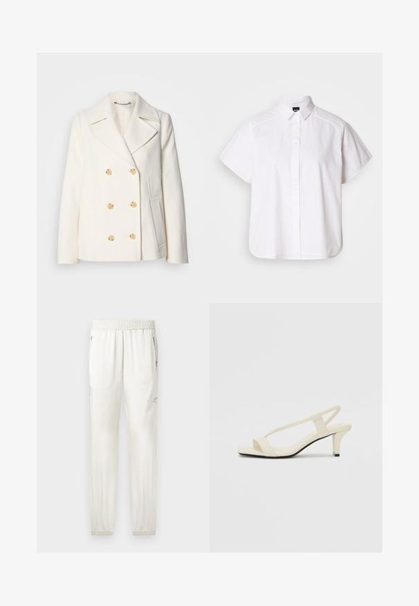 Kétgombos, fehér kabát textúrált anyagból, nagy arany színű gombokkal, csücskös gallérral és oldalzsebekkel.; Fehér, rövid ujjú, gombos ing, hegyes gallérral és ívelt alsó résszel. Pamutból készült, sima textúrával és látható minták nélkül.; Világos krémszínű joggerek rugalmas derékrésszel, szűkítő mandzsettákkal, oldzsebekkel és cipzáros részletekkel. Simább, enyhén fényes szövetfelület.; Beige színű, blokksarkú szandálok vékony pántokkal és négyzet alakú orral. Simább anyag, minimális részletezéssel, amely könnyű viselésre lett tervezve.