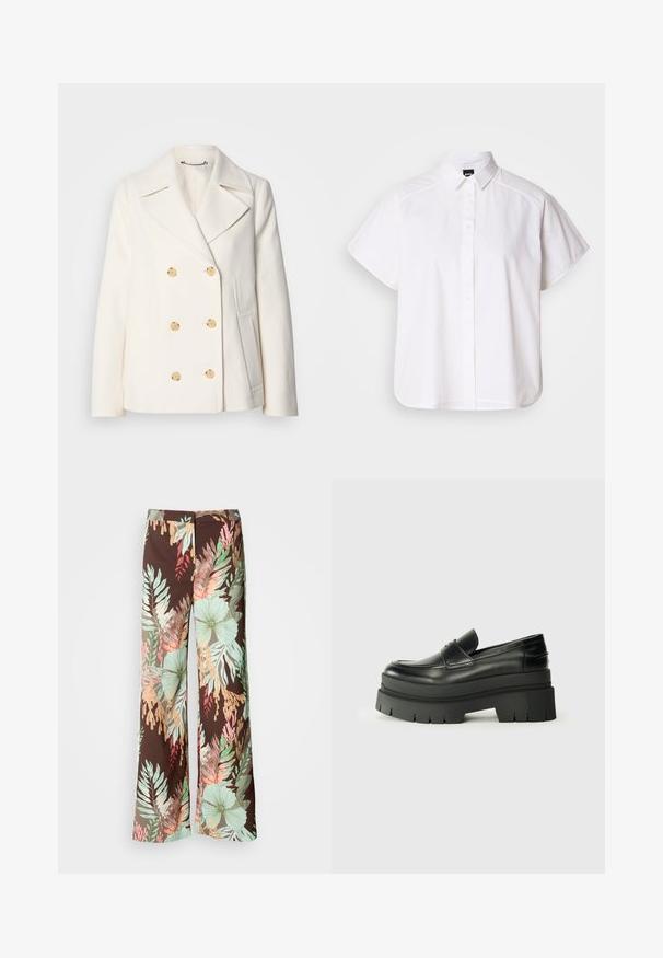 Dobbeltbrystet hvid frakke i struktureret stof med store guldfarvede knapper, spidsrevers og sidelommer.; Hvid kortærmet skjorte med knaplukning, spidse kraver og buet nederste kant. Lavet af bomuld med en glat struktur og uden synlige mønstre.; Bredde ben bukser i en mørkebrun stof med et livligt blomstermotiv og blade i nuancer af grøn, rød og fersken. Blødt, let materiale.; Sorte læder loafers med en kraftig platformsål. Rund tå, forkant-søm detalje og subtile syninger. Flad, struktureret ydersål.