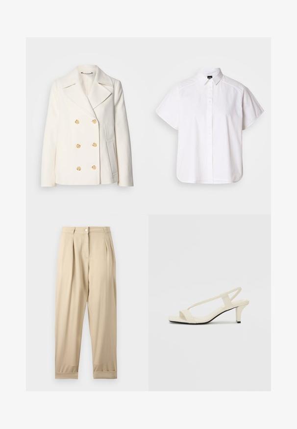 Cappotto bianco doppiopetto in tessuto texture, con grandi bottoni dorati, revers a scialle e tasche laterali.; Camicia bianca a maniche corte con colletto a punta e orlo curvo. Realizzata in cotone con una texture liscia e senza motivi visibili.; Pantaloni beige con vita alta, pieghe e forma affusolata. Realizzati in un tessuto morbido con orlo a coste e un singolo bottone frontale.; Sandali con tacco a blocco beige, con sottili cinturini e punta quadrata. Materiale liscio con dettagli minimi, progettati per un facile utilizzo.