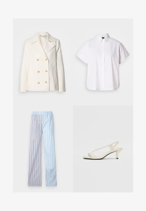 Cappotto bianco doppiopetto in tessuto texture, con grandi bottoni dorati, revers a scialle e tasche laterali.; Camicia bianca a maniche corte con colletto a punta e orlo curvo. Realizzata in cotone con una texture liscia e senza motivi visibili.; Pantaloni leggeri a righe con cintura elastica; presentano righe alternate in azzurro chiaro e bianco con sottili accenti grigi.; Sandali con tacco a blocco beige, con sottili cinturini e punta quadrata. Materiale liscio con dettagli minimi, progettati per un facile utilizzo.