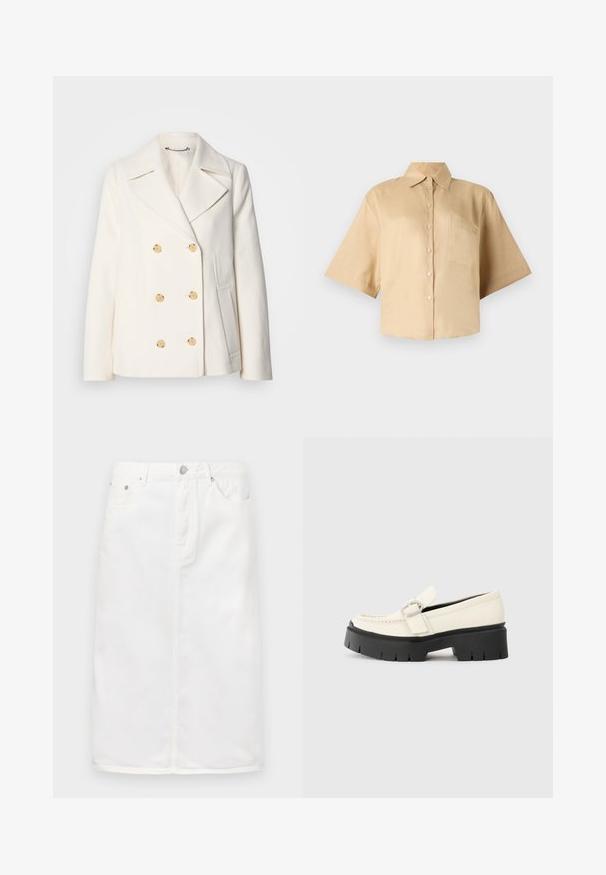 Kahekordne valge mantel tekstureeritud kangast, millel on suured kuldsete nuppudega, küljel olevad taskud ja nurgelised kraed.; Lühikeste varrukatega beež särk klassikalise kraega, ees nupuväärise ja vasakul rinnataskuga. Sile kangas, ilma nähtavate mustrite või tekstuurideta.; Valge denim seelik, millel on esipoolne tõmblukk, viie taskuga disain ja sirge siluett, millel on õmblusdetailid.; Valge nahast loafer, millel on massiivne must platvormi tald, neljakandiline hõbedane pandla ja nähtavalt õmblusdetail ülaserval.