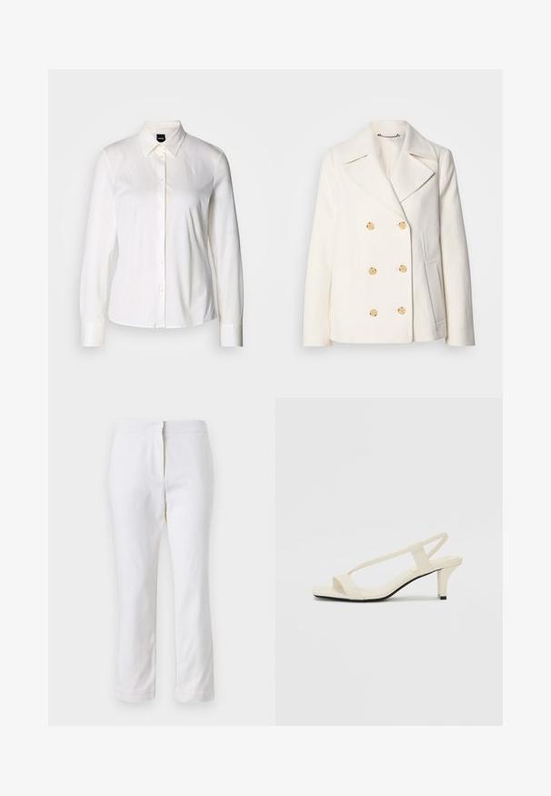 Dubultās krūšu baltas mētelis no teksturēta auduma, ar lieliem zelta toņa pogām, iegrieztiem uzgaļiem un sānu kabatām.; Balta, garām piedurknēm, pogājama krekla ar klasisku apkakli un mīksta kokvilnas auduma, izsmalcināta silueta un vienkārša dizaina bez rakstiem.; Baltas kokvilnas bikses ar taisnu kāju dizainu, ar vidēju augstumu un bez redzamām detaļām vai rakstiem. Visā virsmā ir gluda tekstūra.; Beige bloku papēžu sandales ar plānām siksnām un kvadrāta formas purngalu. Gluda materiāla virsma ar minimālām detaļām, paredzētas ērtai nēsāšanai.
