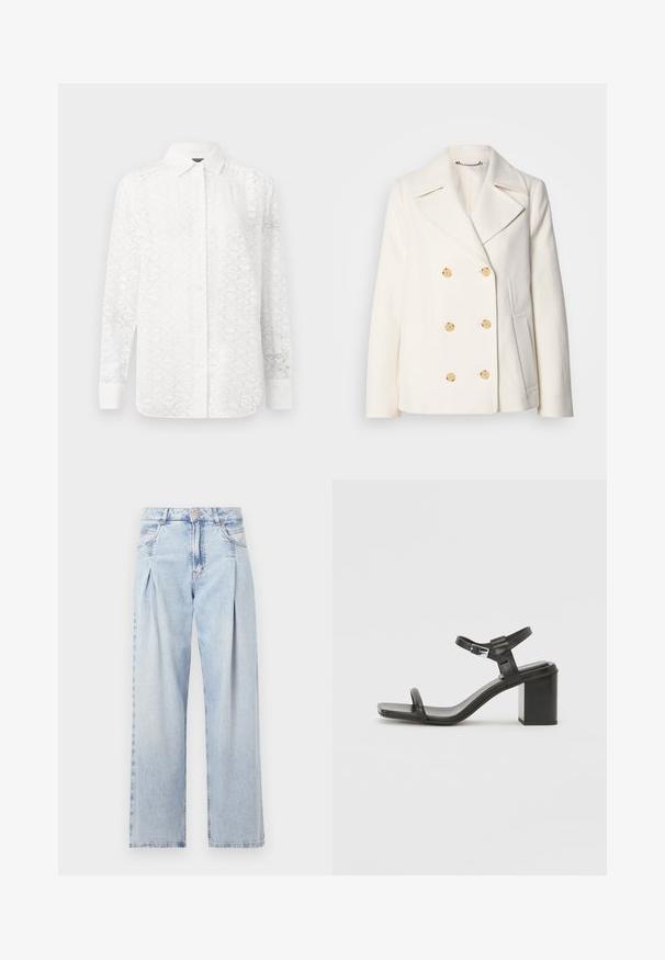 Doppeltknöpfiger weißer Mantel aus strukturiertem Stoff, mit großen goldfarbenen Knöpfen, Revers und seitlichen Taschen.; Weißes Langarmhemd mit einem subtilen geometrischen Muster, mit einer Knopfleiste, Kragen und Manschetten; aus leichtem Stoff gefertigt.; Helle blaue Denim-Jeans mit hoher Taille, weitem Beinschnitt, zwei seitlichen Taschen und gefaltetem Design. Weiche Textur mit einem ausgebleichten Finish.; Schwarze Leder-Sandale mit Blockabsatz und einem breiten Riemen über dem Zeh sowie einem verstellbaren Knöchelriemen, die ein schlankes, minimalistisches Design aufweist.