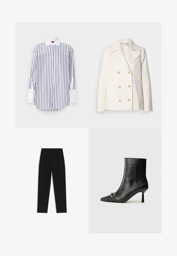 Double-breasted white coat in textured fabric, featuring large gold-tone buttons, notched lapels, and side pockets.; White button-up shirt with navy vertical stripes, long sleeves with white cuffs, classic collar, and a curved hem. Smooth fabric texture.; Black trousers with a straight fit, featuring double pleats, a smooth texture, and a classic waistband design. No visible hardware or accents.; Black leather ankle boot with pointed toe, slim mid-height heel, and silver buckle detail on side against plain background.
