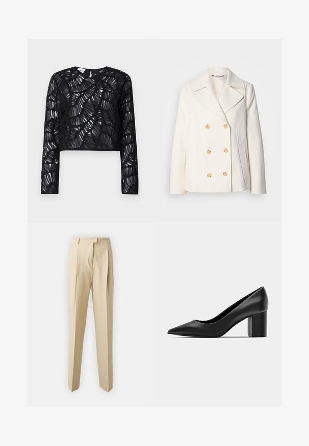 Kahekordne valge mantel tekstureeritud kangast, millel on suured kuldsete nuppudega, küljel olevad taskud ja nurgelised kraed.; Mustus, pika varrukaga lühikese ülikonna tipuga, millel on läbipaistev ja tekstuurne disain, koos kihiliste, laineliste mustrite ja ümmarguse kaelusega.; Beez värvi jalatsid, sirgete lõigetega, kergelt kortsulistedetailide, vöökoha ja siledaga tekstuuriga. Ei ole nähtavaid taskuid ega kaunistusi.; Mustad nahast kontsad terava nina ja tülikesega ruudukujulise kontsaga. Sile tekstuur, lihtne disain, sobib ametlikeks üritusteks.