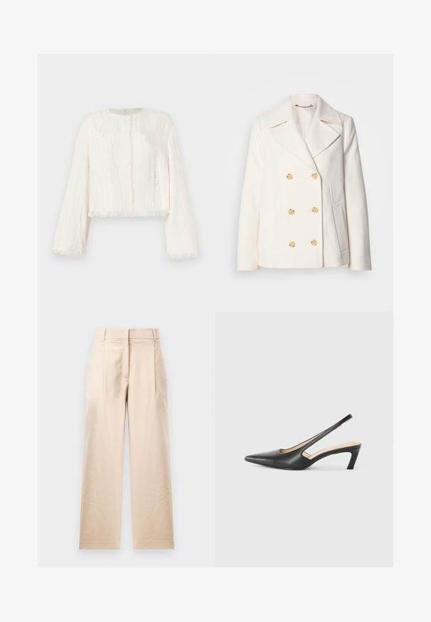 Dvojřadový bílý kabát z texturované látky, který má velké zlaté knoflíky, klopové límce a boční kapsy.; Bílá krátká bunda s dlouhým rukávem, jemnou vertikální texturou a třepícími se okraji na manžetách, lemu a předním otvoru.; Béžové kalhoty vyrobené z hladké tkaniny. Mají rovný střih, plochý přední díl a dva záhyby. Žádné viditelné vzory ani kovové prvky.; Černý špičatý slingback s nízkým podpatkem, vyrobený z hladké kůže, s výřezem na boku pro lepší prodyšnost.