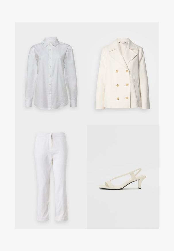 Kahekordne valge mantel tekstureeritud kangast, millel on suured kuldsete nuppudega, küljel olevad taskud ja nurgelised kraed.; Valge pika varrukaga puuvillane särk. Omab teravat kraed ja nööpidega esiosa koos sobivate nööpidega. Sile tekstuur.; Valged puuvillased püksid sirge lõikega, keskmise kõrgusega vöökoht ja ilma nähtavate detailide või mustriteta. Ühtlane sile tekstuur.; Beez blok-kandadesed õhukeste rihmadega ja ruudukujulise varbaga. Sile materjal minimaalsete detailidega, kujundatud mugavaks kandmiseks.