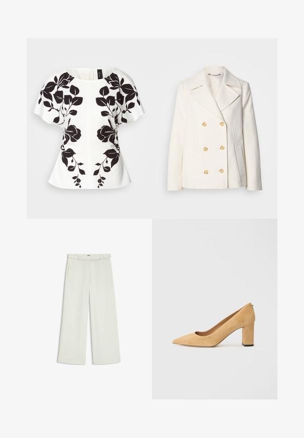 Cappotto bianco doppiopetto in tessuto texture, con grandi bottoni dorati, revers a scialle e tasche laterali.; Top bianco con design floreale nero, maniche corte e scollatura a girocollo. Forma strutturata con orlo in stile peplum. Chiusura posteriore con cerniera.; Pantaloni a gamba larga in tessuto crema chiaro, dotati di tasche laterali, frontale liscio e chiusura a un bottone in vita. Texture morbida.; Pump beige in suede con tacco alto, punta affilata e tacco a blocco massiccio. Il materiale ha una consistenza morbida con una finitura liscia.