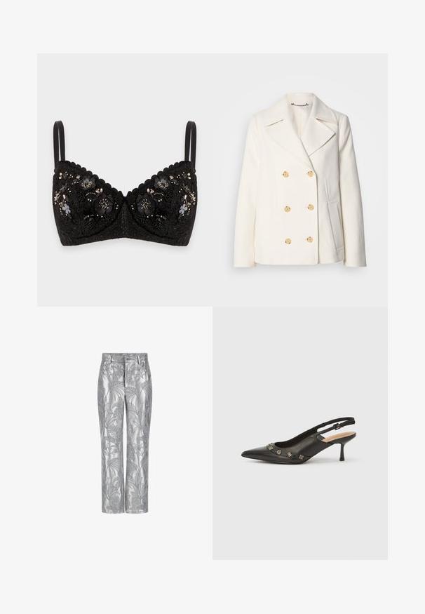 Dvojradový biely kabát z texturovanej tkaniny s veľkými zlatými gombíkmi, s klopami a bočnými vreckami.; Čierne spodné prádlo s kvetinovou výšivkou a perlovými akcentmi, obsahujúce čipkovaný dizajn, vlnité okraje a nastaviteľné ramienka.; Strieborné vyšívané nohavice s vzorom listov, rovný strih a hladká, lesklá textúra. Funkčné vrecká a zapínanie na gombík.; Čierny kožený slingback lodička s špicatou špičkou, nízkym opätkom a dekoratívnymi kovovými detailmi pozdĺž predného otvoru. Hladká textura.