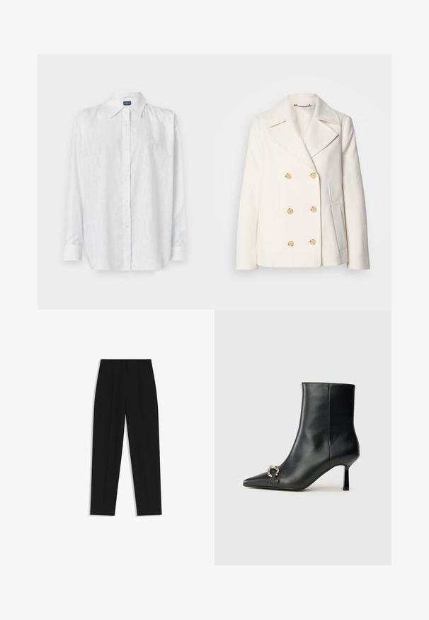 Double-breasted white coat in textured fabric, featuring large gold-tone buttons, notched lapels, and side pockets.; White button-up shirt featuring a subtle tonal logo pattern, long sleeves, and a classic collar. Made of smooth, lightweight material.; Black trousers with a straight fit, featuring double pleats, a smooth texture, and a classic waistband design. No visible hardware or accents.; Black leather ankle boot with pointed toe, slim mid-height heel, and silver buckle detail on side against plain background.