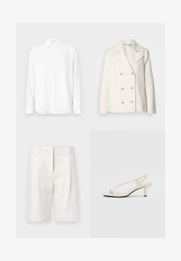 Kahekordne valge mantel tekstureeritud kangast, millel on suured kuldsete nuppudega, küljel olevad taskud ja nurgelised kraed.; Valge pika varrukaga särk, mis on valmistatud sileda kangaga, klassikalise krae, nööbiga ees ja vasakul küljel rinna taskuga.; Heledad helevärvilised puuvillased lühikesed püksid, millel on lame esiosa, voldid ja sirge lõige. Sile tekstuur klassikalise viimistlusega.; Beez blok-kandadesed õhukeste rihmadega ja ruudukujulise varbaga. Sile materjal minimaalsete detailidega, kujundatud mugavaks kandmiseks.