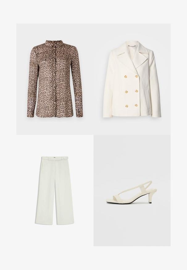 Double-breasted white coat in textured fabric, featuring large gold-tone buttons, notched lapels, and side pockets.; Leopard print button-up shirt with long sleeves, made from lightweight fabric, featuring a collar and pink buttons along the front.; Wide-leg pants in light cream fabric, featuring side pockets, a flat front, and a single button closure at the waist. Smooth texture.; Beige block-heeled sandals with thin straps and a square toe. Smooth material with minimal detailing, designed for easy wear.
