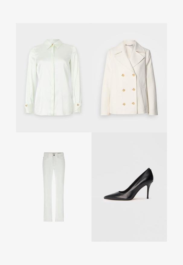 Double-breasted white coat in textured fabric, featuring large gold-tone buttons, notched lapels, and side pockets.; Elisabetta Franchi Button-down blouse - menta; White jeans with a slim fit, 5-pocket design, and contrasting stitching. Features a button closure and subtle brand label at the waistband.; Black leather high-heeled pump with a pointed toe, smooth texture, and a sleek design. Features a slim, elevated heel and a low-cut front.