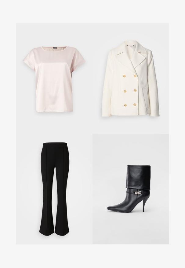 Dubbelzijdige witte jas van textuurstof, met grote goudkleurige knopen, gesmeden revers en zijzakken.; Lichtroze blouse met korte mouwen gemaakt van gladde satijn. Heeft een ronde halslijn en een ontspannen pasvorm. Eenvoudig, schoon ontwerp zonder patronen.; Zwarte flared broek gemaakt van een rekbaar materiaal met een gladde textuur, met naaddetails aan de voorkant voor extra ontwerp.; Zwarte leren enkelboot met een spitse neus, hoge stilettohak, opgevouwen manchet en een gouden decoratieve gespdetails op de enkel.